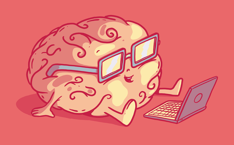 Brain with glasses working on laptop