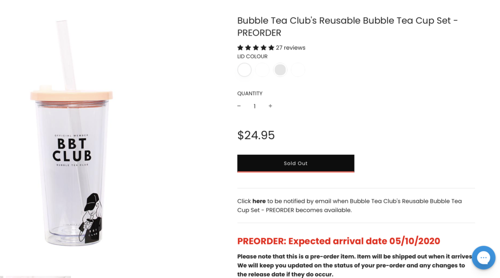 Bubble Tea Club promotes new products ahead of launch and relaunch, with a prominent expected arrival date and email notifications. Some of the most popular products have a waiting list for the waiting list! 